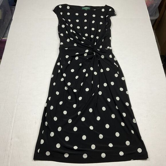 Lauren Ralph Lauren Pencil Dress Polka Dot Twist Front Cap Sleeve Stretch Size 8 - Picture 1 of 8